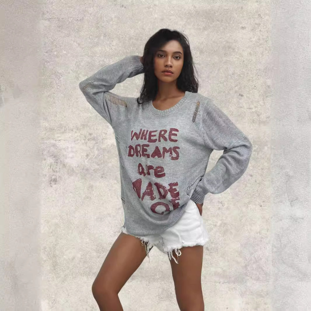 Damen lässiger Oversized Pullover mit auffälligem Schriftzug und Strick-Details R&B