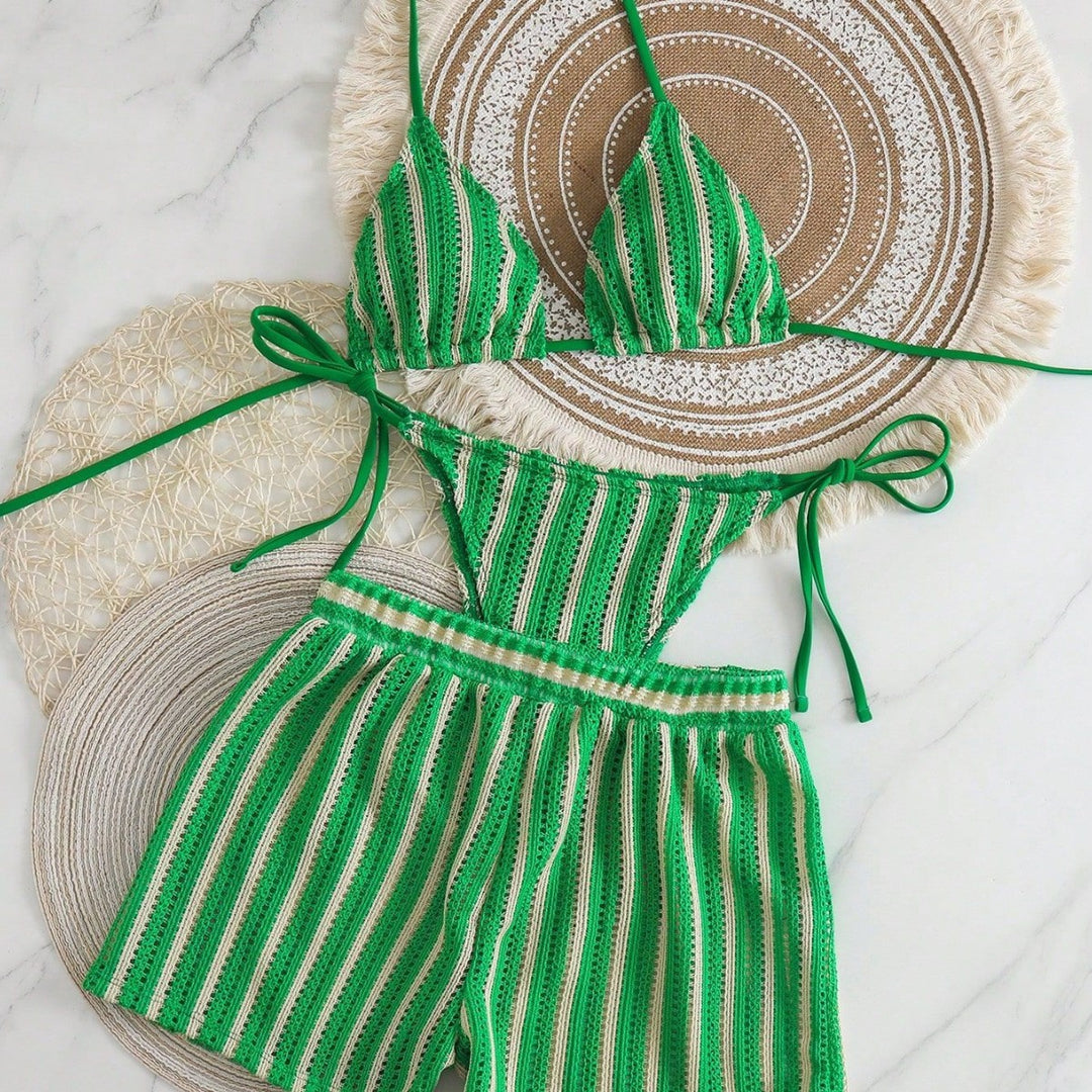Damen Bikini-Set mit gerafftem Oberteil und hoch taillierten Shorts R&B