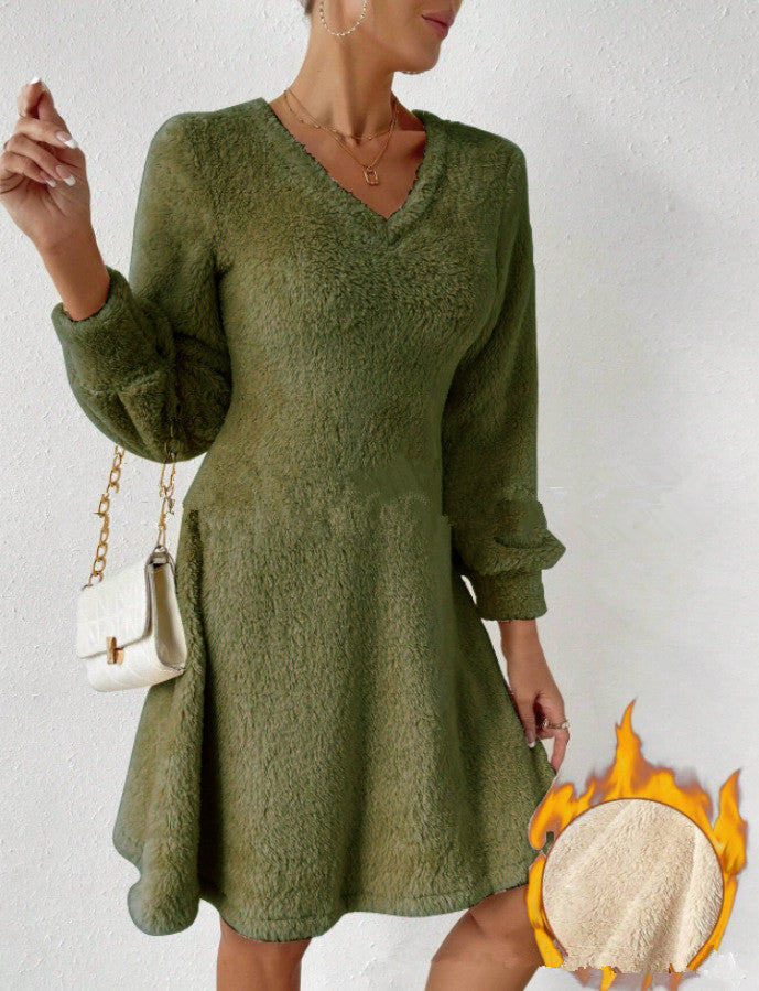Damen fließendes V-Ausschnitt Kleid mit langen Ärmeln und weichem Fleece R&B