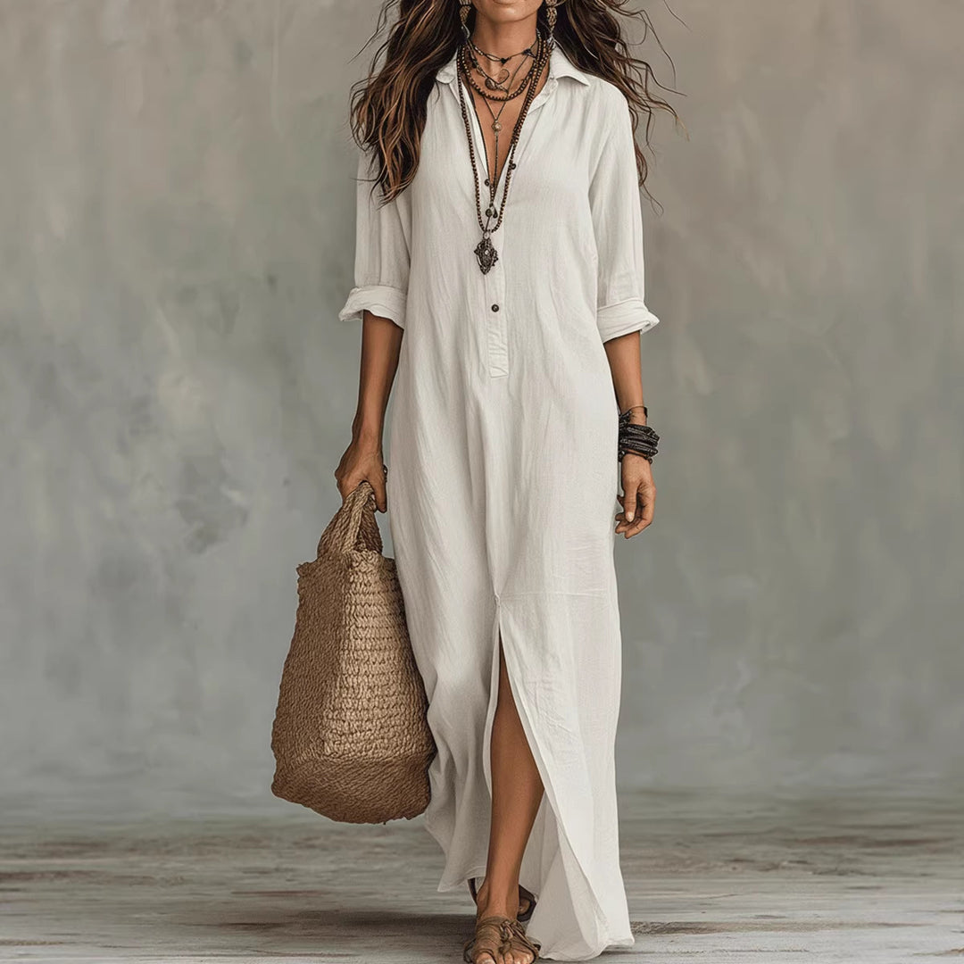 Damen Langes Hemdkleid mit Knopfverschluss und seitlichem Schlitz R&B