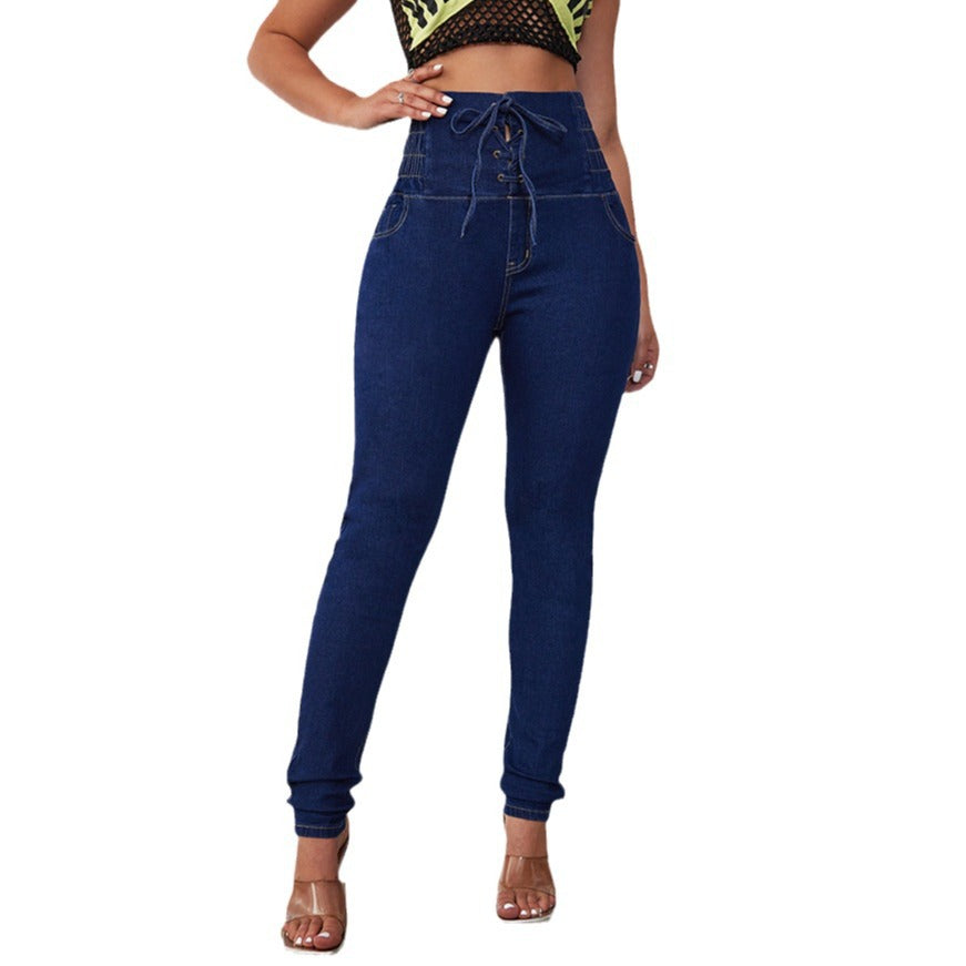 Damen Hochtaillierte Jeans mit verstellbarem Kordelzug und taillierter Passform R&B