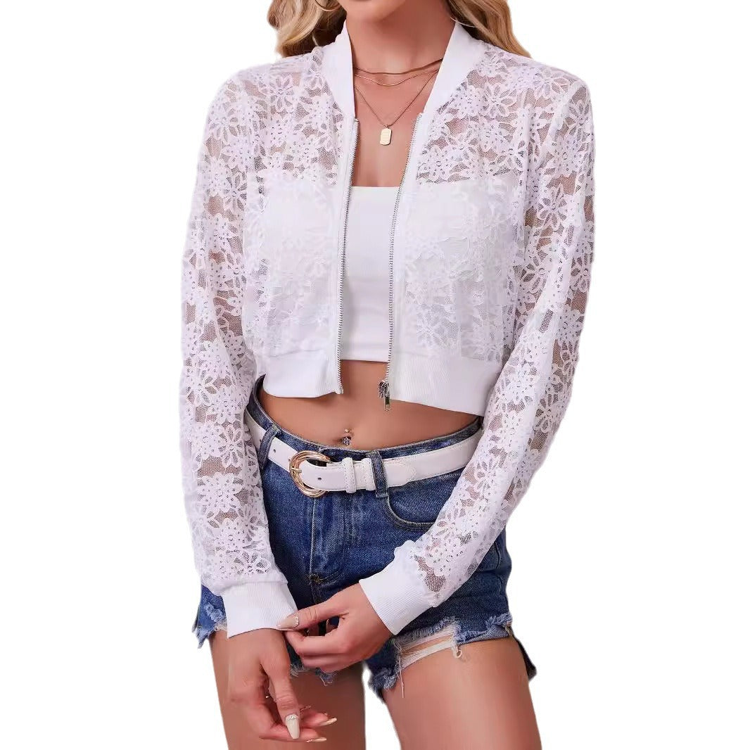 Damen nan florale Spitzen-Bomberjacke mit Reißverschluss und Rippbündchen R&B