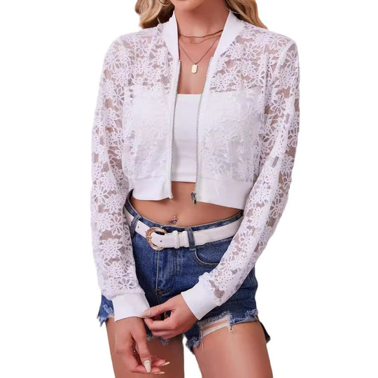 Damen nan florale Spitzen-Bomberjacke mit Reißverschluss und Rippbündchen R&B