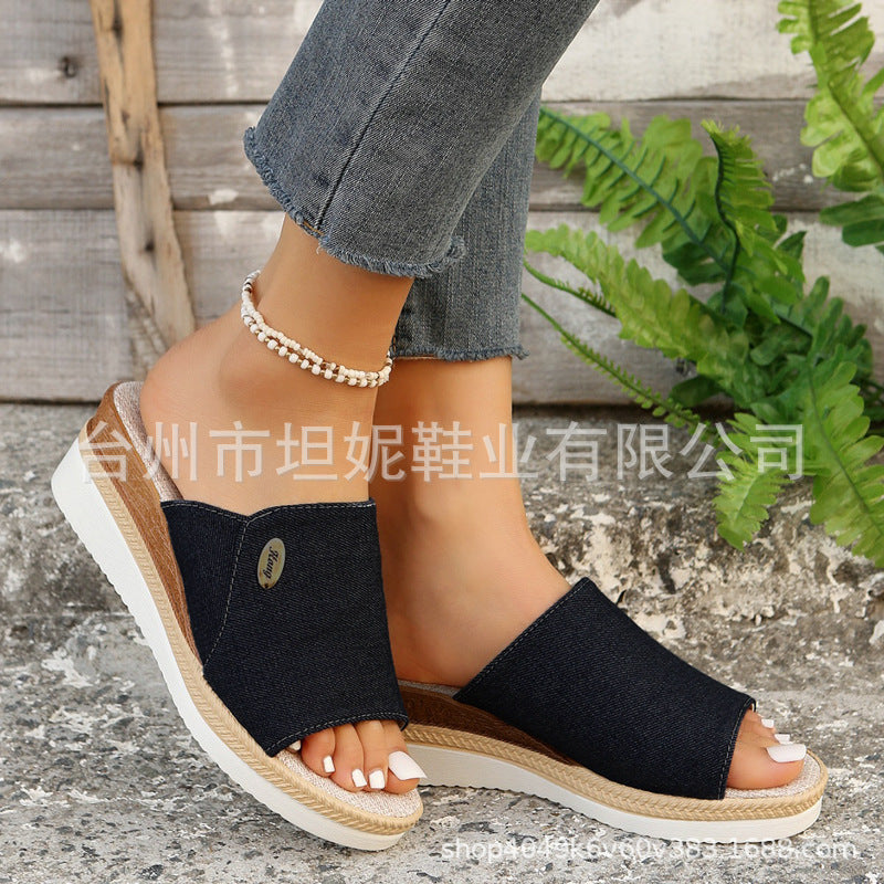 Damen Wedge-Pantoletten mit elegantem Denim-Obermaterial und komfortabler Fußbettung R&B