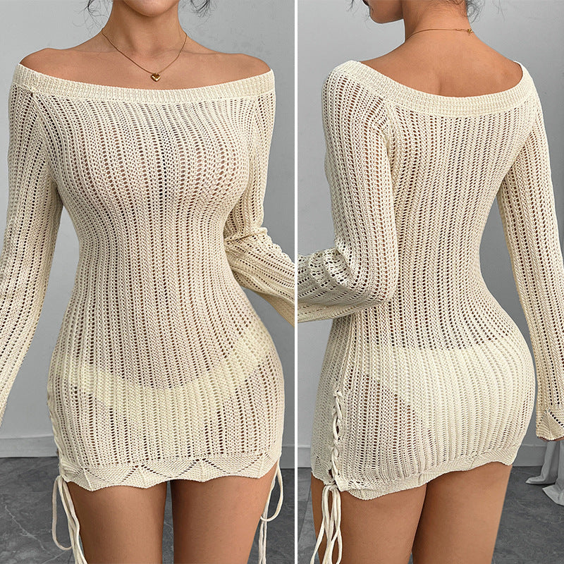 Damen Strickkleid mit offener Schulter und Schlitzdetails R&B