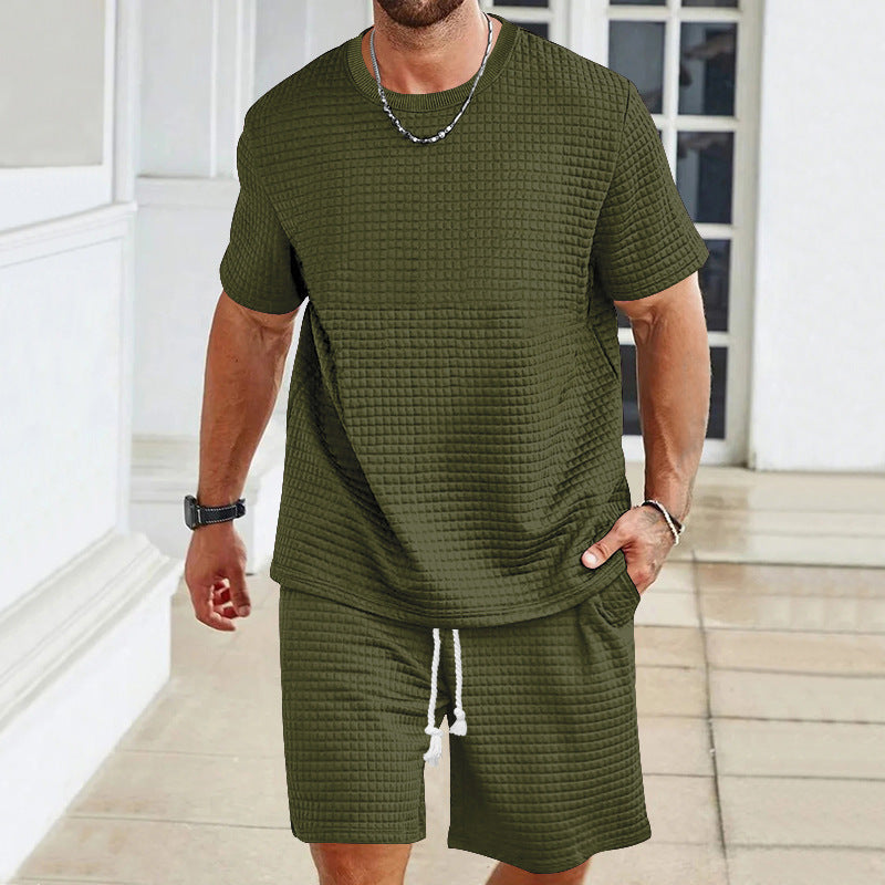 Herren nan leichter Freizeit-Zweiteiler in Waffelstruktur mit Rundhals-T-Shirt und komfortablen Shorts R&B