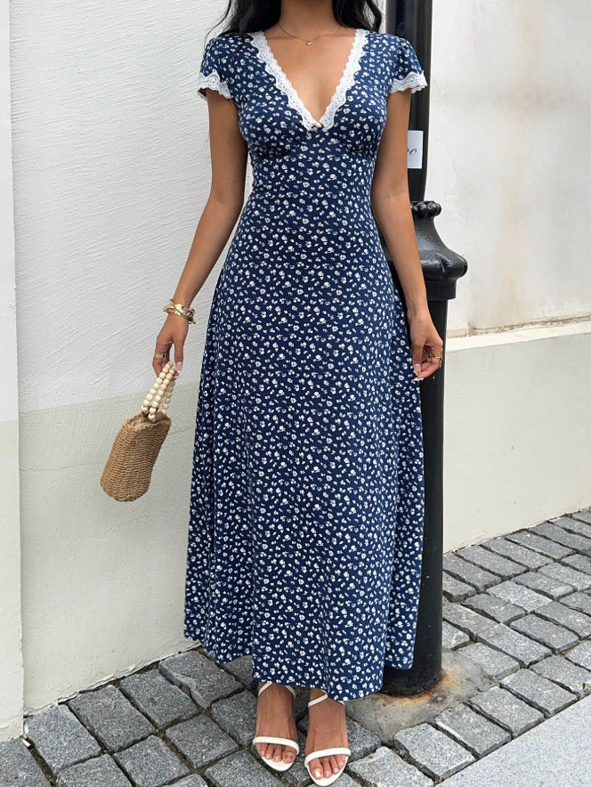 Damen Maxikleid mit floralem Muster und elegantem Spitzenbesatz R&B