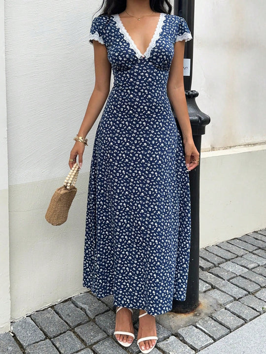 Damen Maxikleid mit floralem Muster und elegantem Spitzenbesatz R&B