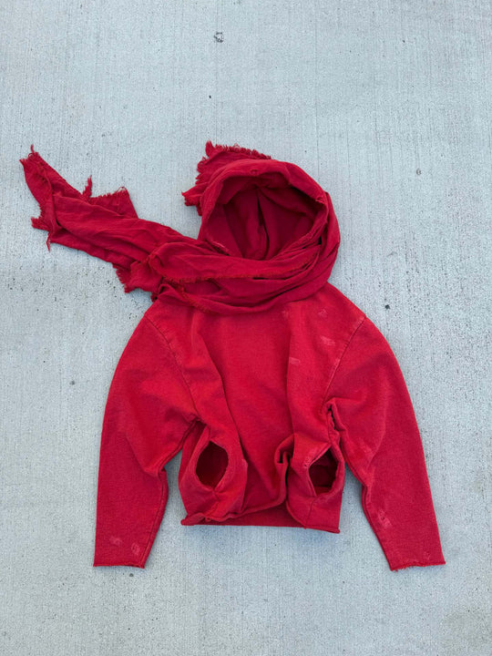 Unisex nan Kapuzenpullover im Gebrauchsspurenstil mit angeschlossenem Schlauchschal und ausgefransten Öffnungen R&B