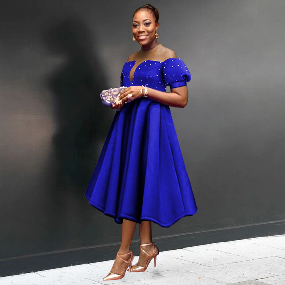 Damen A-Linien Kleid mit schulterfreiem Design und eleganten Perlenverzierungen R&B