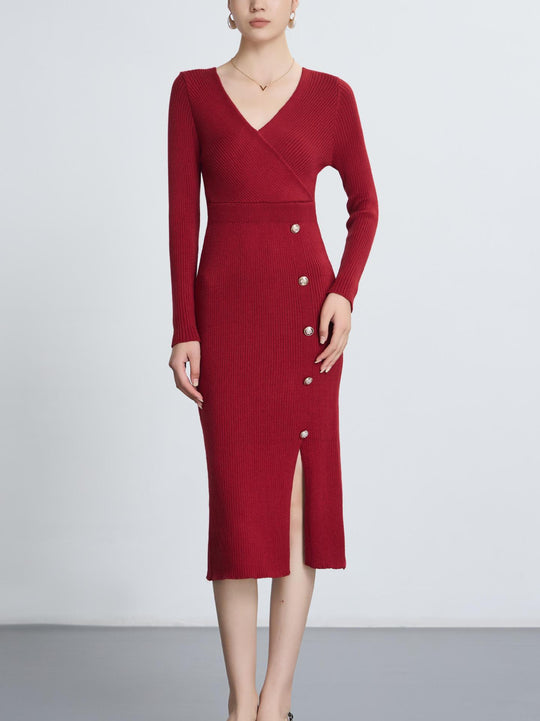 Damen Strickkleid mit Wickeloptik und Knopfdetails R&B
