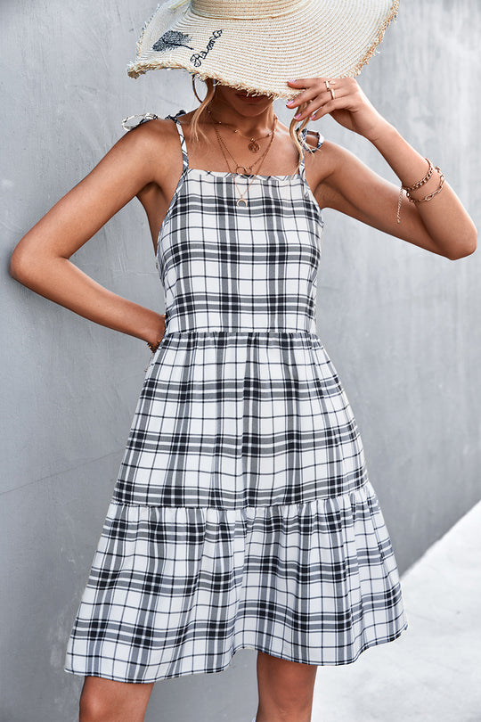 Damen lässiges Midiröcke mit verstellbaren Trägern und kariertem Design R&B
