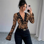 Damen nan eng anliegende transparente Mesh-Spitzenbluse mit tiefem V-Ausschnitt und floraler Veloursstruktur R&B