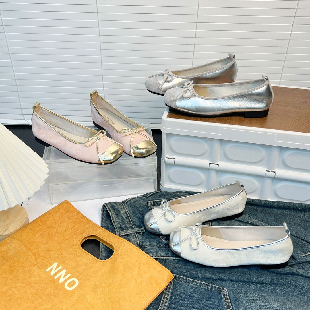 Damen Elegante Ballerinas mit hochwertiger Metallic-Oberfläche und modischem Schleifenakzent R&B