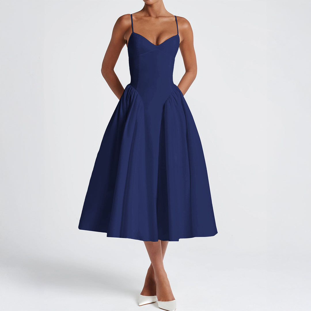 Damen A-linien Abendkleid mit verstellbaren Spaghettiträgern und schwingendem Rock R&B