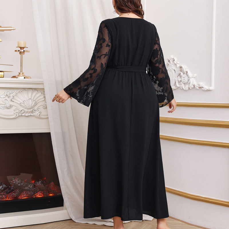 Damen Maxikleid mit transparenten Ärmel und eleganter Taillenbindung R&B