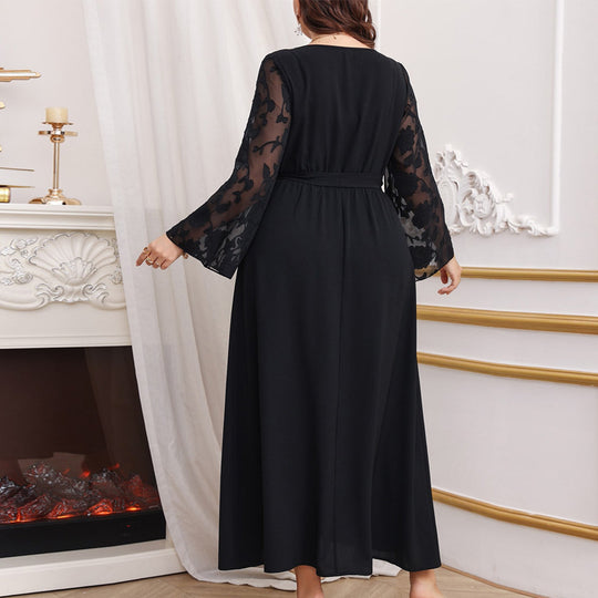 Damen Maxikleid mit transparenten Ärmel und eleganter Taillenbindung R&B