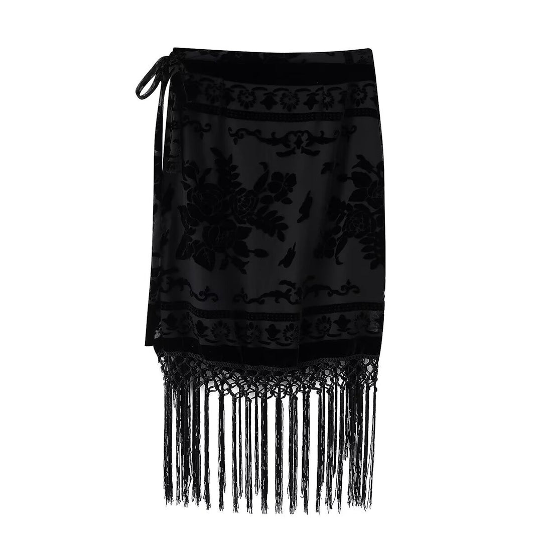 Damen Wickelrock mit eleganter Fransenverzierung und floralem Muster R&B