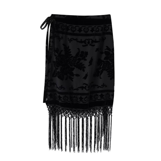 Damen Wickelrock mit eleganter Fransenverzierung und floralem Muster R&B