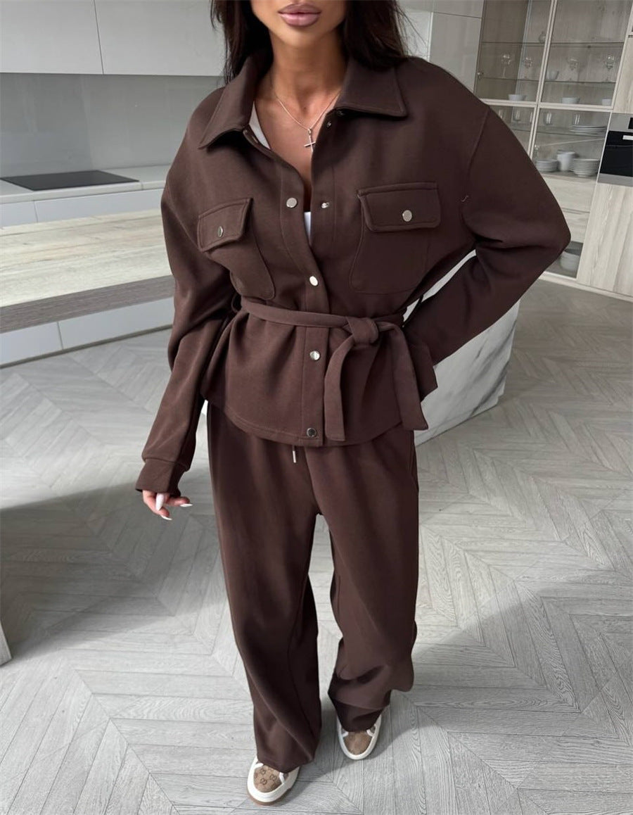 Damen elegantes Loungewear-Set mit Taillengürtel und praktischen Taschen R&B