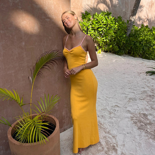 Damen bodenlanges Sommerkleid mit verstellbaren Spaghetti-Trägern und raffiniertem Schnitt R&B