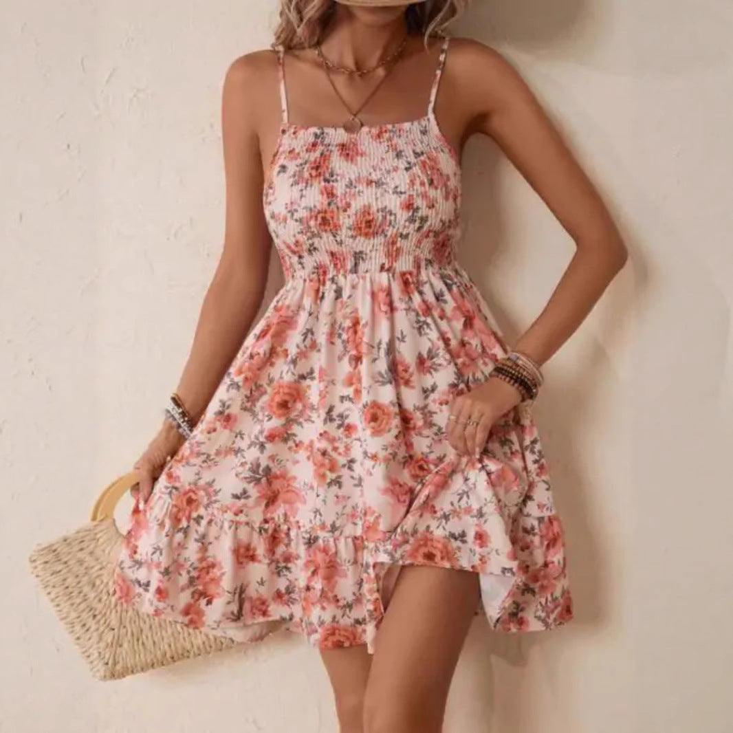 Damen florales Sommerkleid mit gerafftem Oberteil und schwingendem Saum R&B