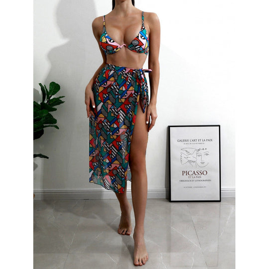 Damen Bikini-Set mit modischem Wickelrock und buntem Grafikdruck R&B