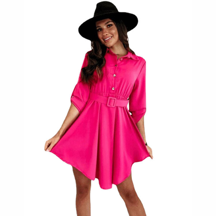 Damen Knielanges Hemdblusenkleid mit Taillengürtel und eleganten Details R&B