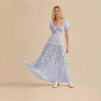 Damen Maxikleid mit blumigem Design und hochwertigen Puffärmeln R&B