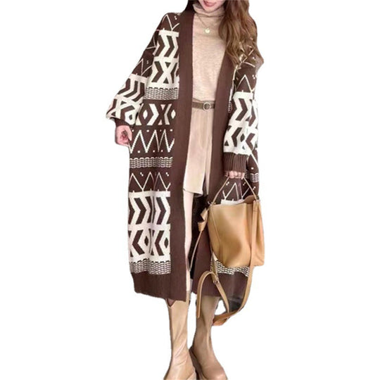 Damen Long Cardigan mit grafischem Design und tiefen Taschen R&B