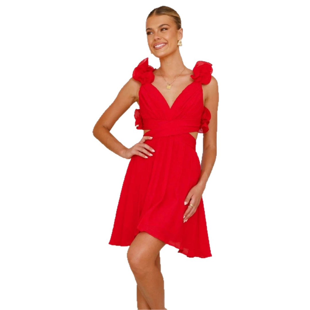 Damen Freizeitsommerkleid mit voluminösen Rüschenträgern und V-Ausschnitt R&B