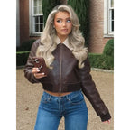 Damen cropped jacke mit schickem Kunstfellkragen R&B