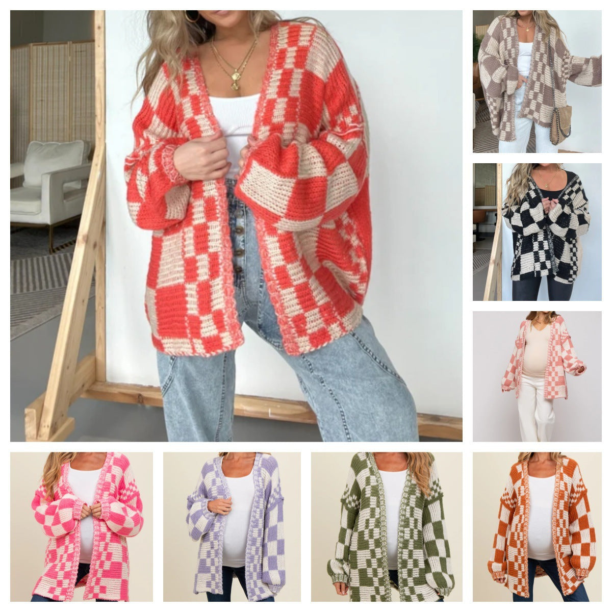 Damen lässiger Strickcardigan mit Karomuster und oversized Schnitt