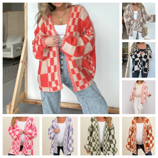 Damen lässiger Strickcardigan mit Karomuster und oversized Schnitt R&B
