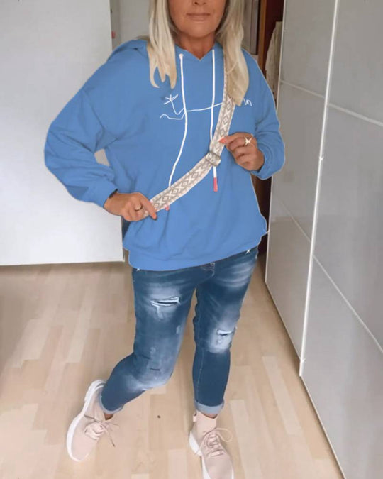 Damen nan lässiger Kapuzenpullover mit minimalistischer Liniengrafik, Kordelzug und geripptem Saum R&B