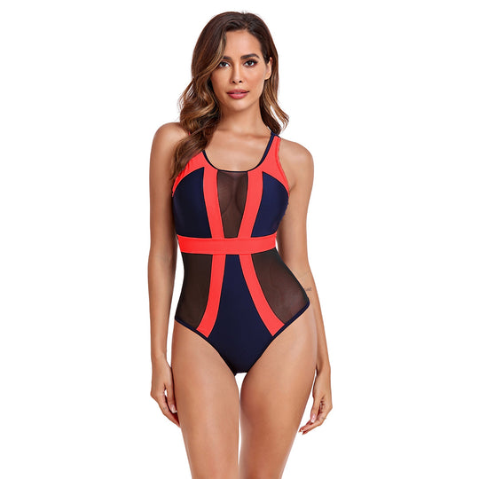Damen Einteiliger Badeanzug mit transparenten Mesh-Einsätzen und modischem Farbblock R&B