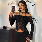 Damen Elegantes Off-Shoulder Oberteil mit floralem Spitzenmuster und ausgestellten Ärmeln R&B