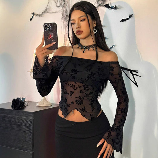 Damen nan transparentes Mesh-Top mit floraler Samt-Flock-Applikation, Carmen-Ausschnitt und kurzem Taillen-Saum R&B