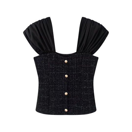Damen Wickelbluse mit voluminösen Puffärmeln und dekorativen Knopfdetails R&B