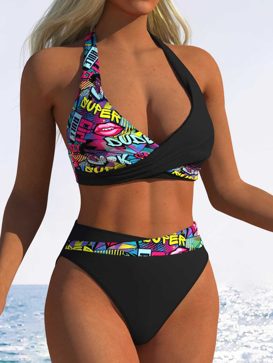 Damen Hoch geschnittenes Bikini-Set mit modischem Wickeloberteil und elastischem Bund R&B