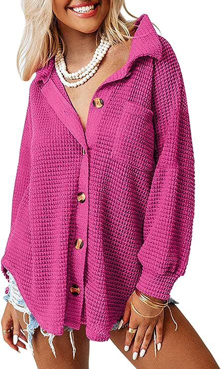 Damen lässige Waffle-Hemdenjacke mit Knopfverschluss R&B