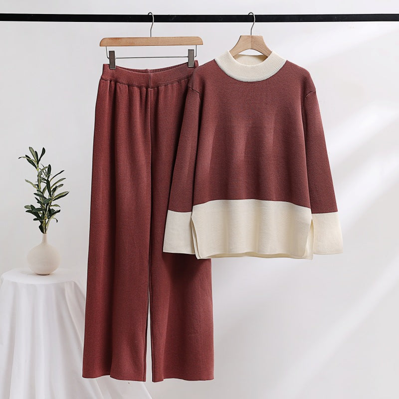 Damen elegantes Strick-Loungewear-Set mit weitem Bund und dekorativem Kragen R&B