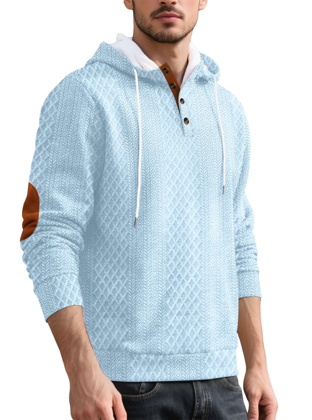 Herren nan Diamond-Struktur Kapuzenpullover mit Kurzknopfleiste, gesteppter Kapuzeninnenkante und Wildleder-Ellbogenpatch R&B