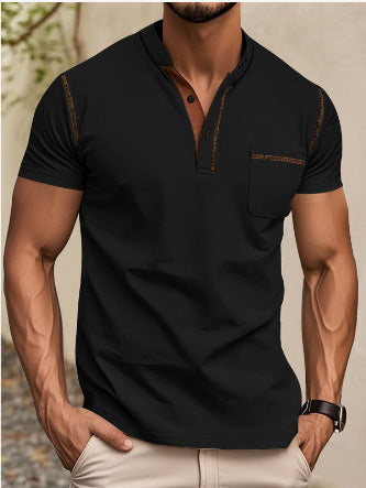Herren nan modernes Kurzarm-Henley mit Stehkragen, Kontrastnähten und aufgesetzter Brusttasche R&B