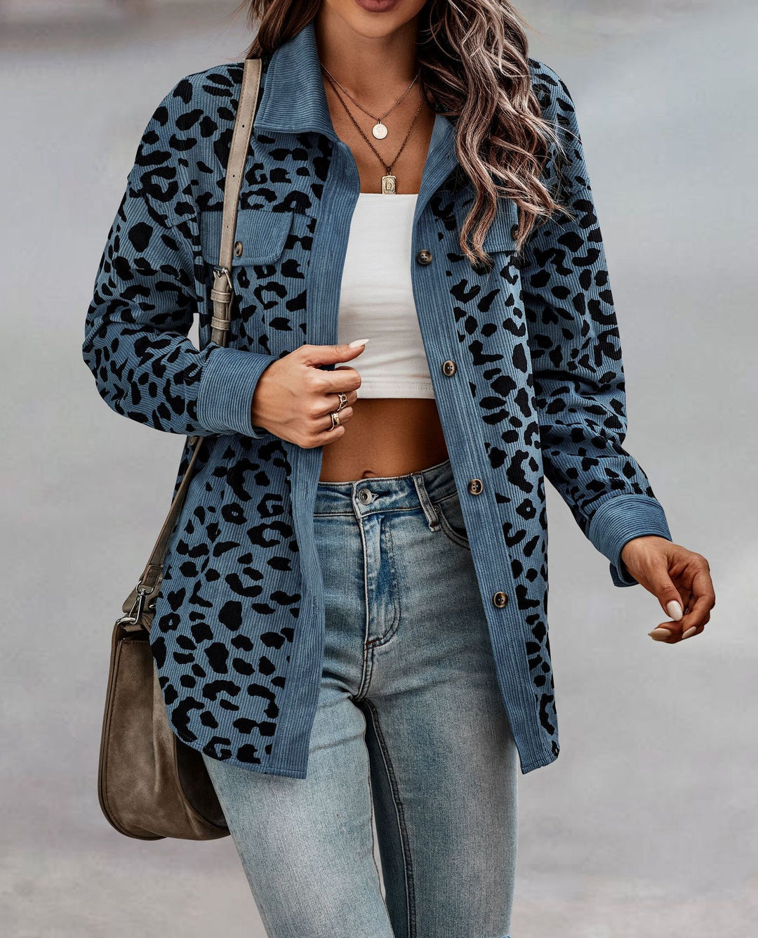 Damen gestreifter Hemdenjacke mit Leopardenmuster R&B
