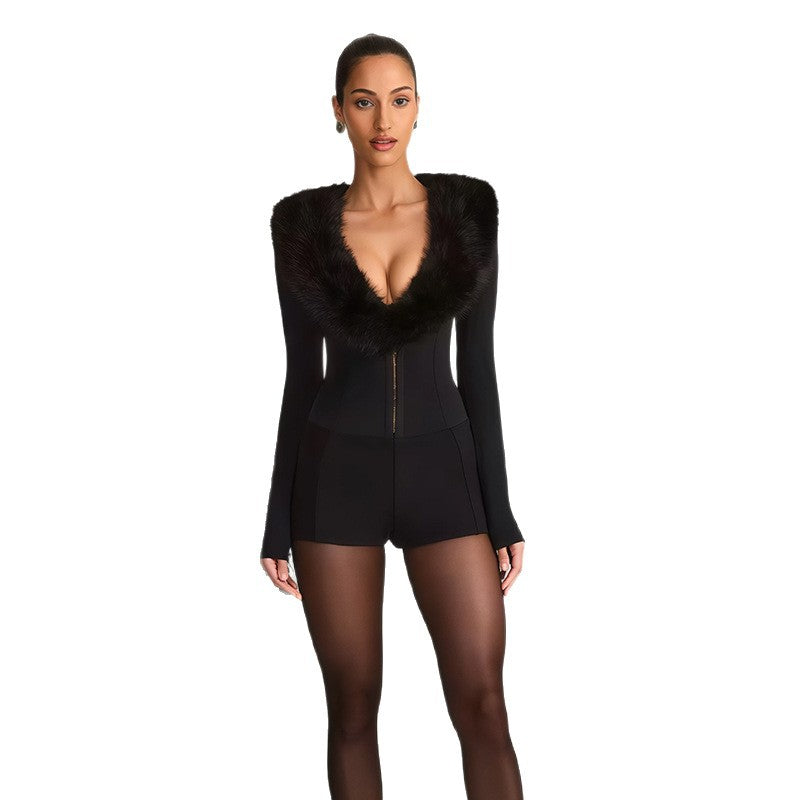 Damen Jumpsuit mit königlichem Fellkragen und figurbetontem Schnitt R&B