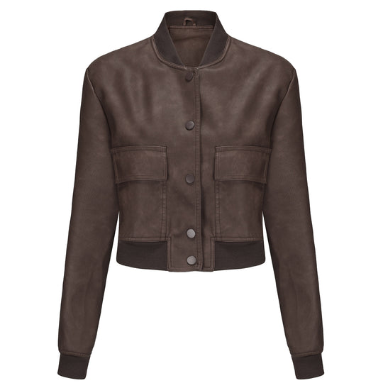 Damen Kunstleder Bomberjacke mit praktischen Taschen und elastischen Bündchen R&B