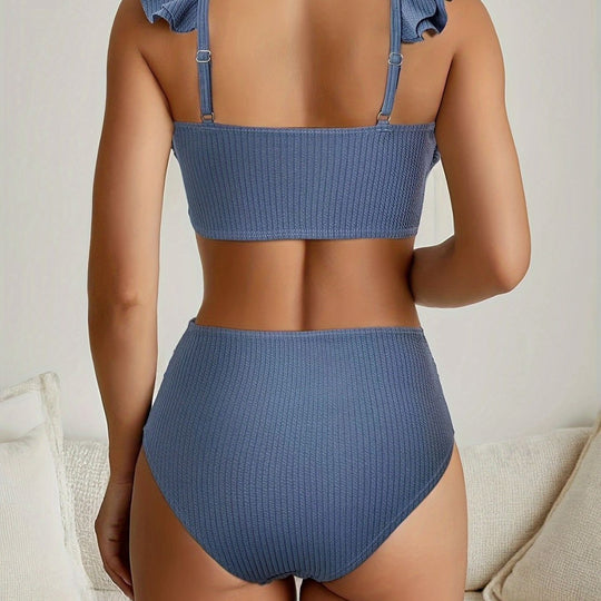 Damen Hochgeschnittenes Badeoberteil mit Rüschendetails und passendem Bikini-Unterteil R&B