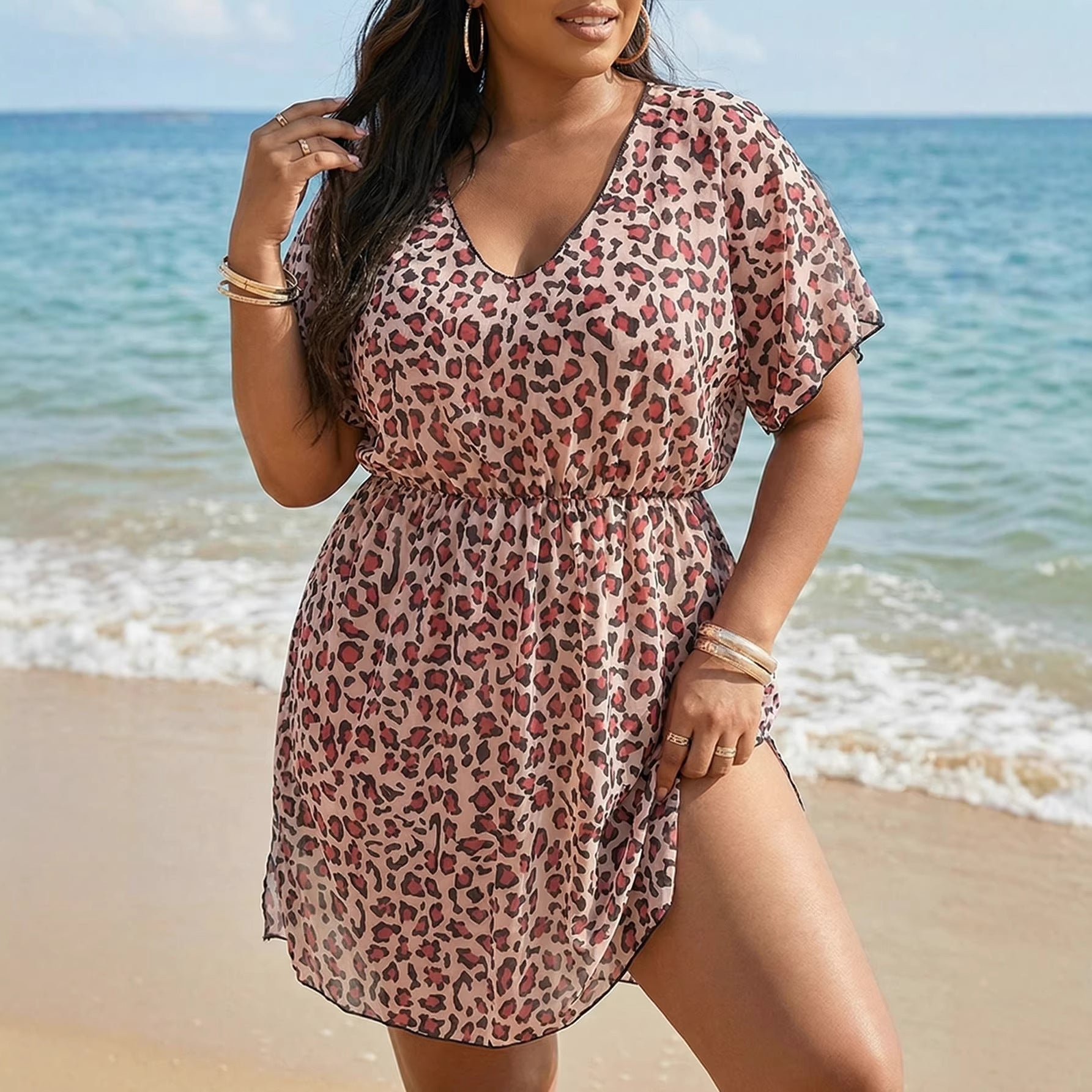 Damen luftiger Strandüberwurf mit floralem Tierdruck R&B