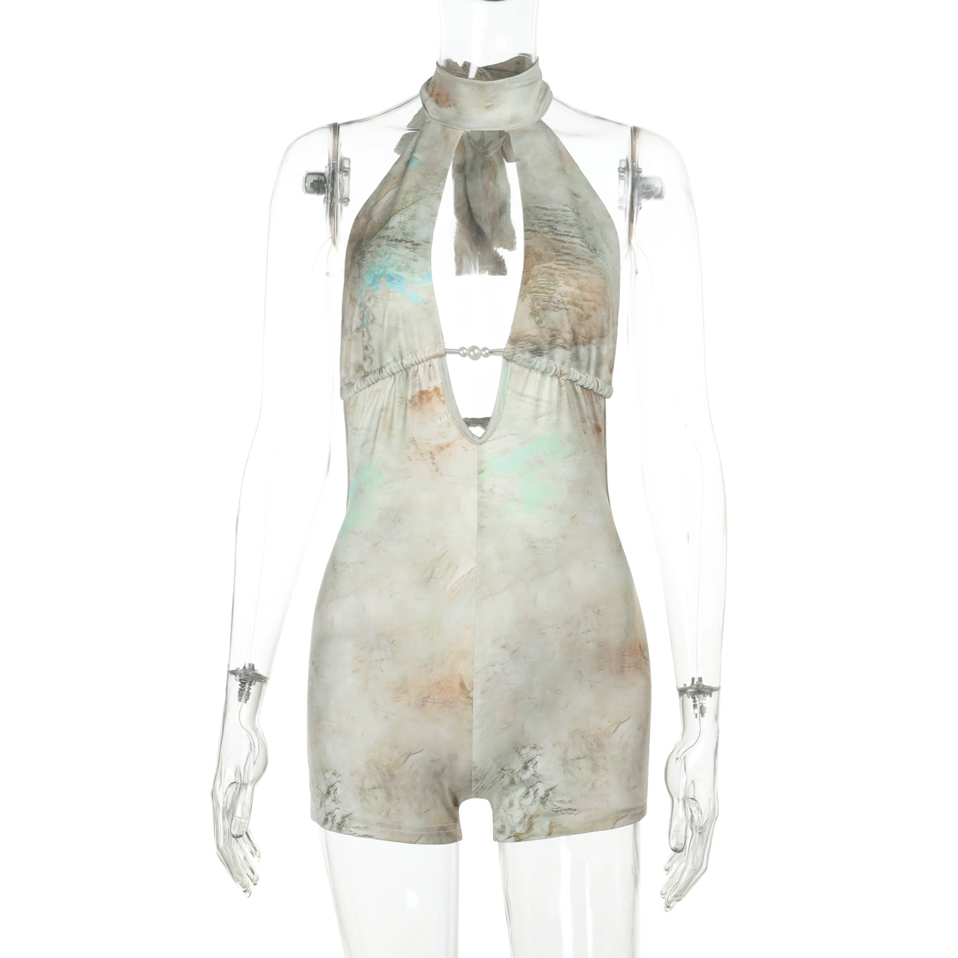 Damen eleganter Halter-Jumpsuit mit tiefem V-Ausschnitt und verspieltem Rüschendetail R&B